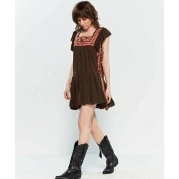 Free People Day Glow Mini Dress Size Small Boho Embroidered Raw Edge Open Back - Picture 5 of 16